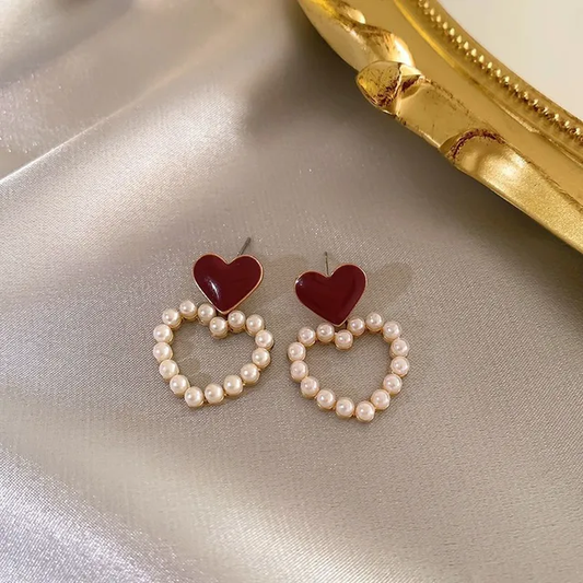 Red Heart Pearl Hoop Earrings LE10206