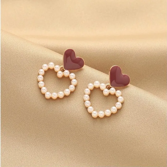 Red Heart Pearl Hoop Earrings LE10206