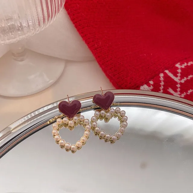 Red Heart Pearl Hoop Earrings LE10206