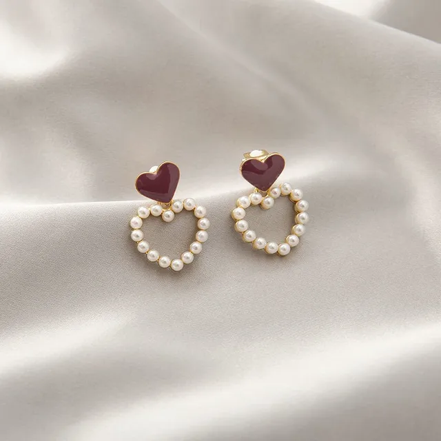Red Heart Pearl Hoop Earrings LE10206