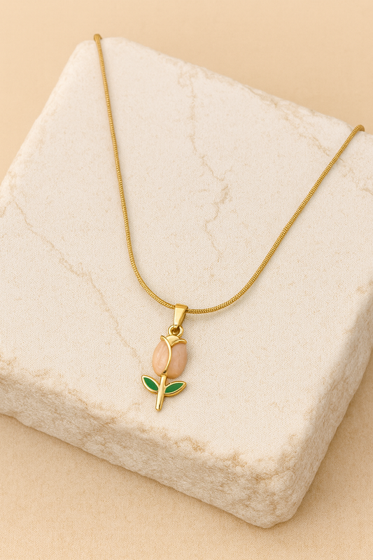 Rose Bud Pendant Necklace with Enamel Leaves LN10273