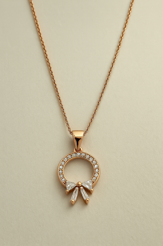 Rose Gold Bow Circle Pendant Necklace – Dainty Sparkling Chain LN10175