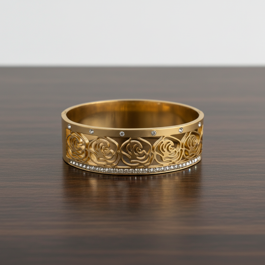 Rose Gold Cutout Bangle with Crystal Detailing – Elegant Floral Bracelet LB10192