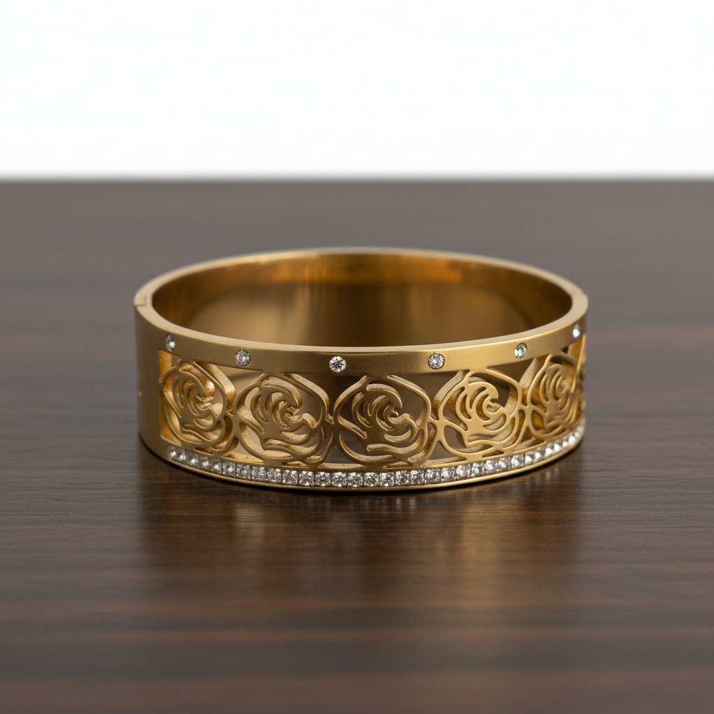 Rose Gold Cutout Bangle with Crystal Detailing – Elegant Floral Bracelet LB10192