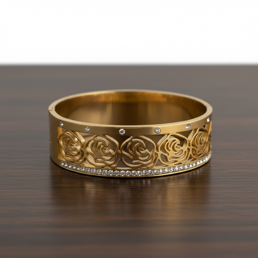 Rose Gold Cutout Bangle with Crystal Detailing – Elegant Floral Bracelet LB10192