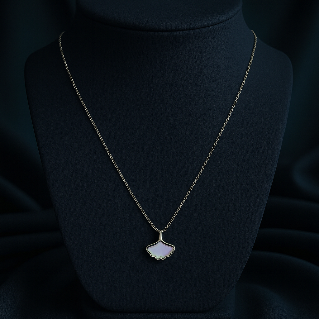 Silver Ginkgo Leaf Mother of Pearl Pendant Necklace LN10206