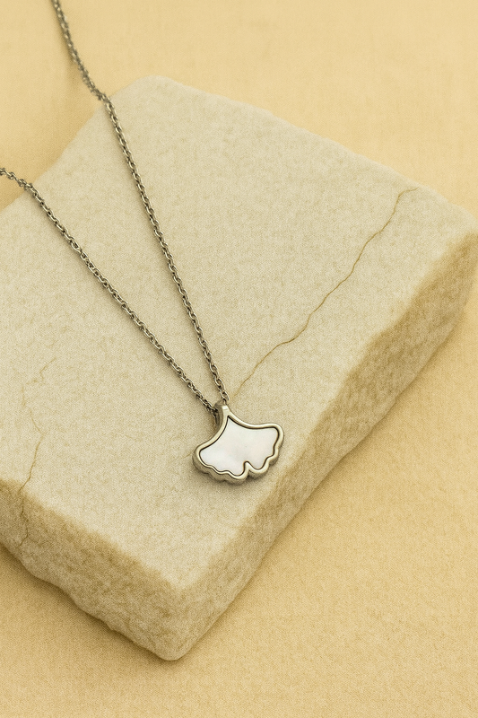 Silver Ginkgo Leaf Mother of Pearl Pendant Necklace LN10206