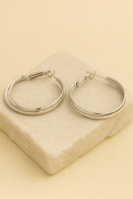 Silver Textured Double Hoop Earrings LE10210