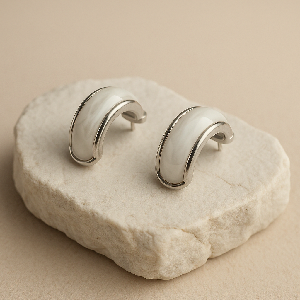Silver White Enamel Chunky Huggie Earrings LE10216