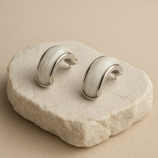 Silver White Enamel Chunky Huggie Earrings LE10216