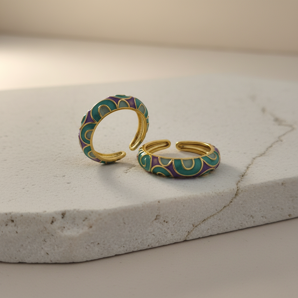 Teal & Lavender Enamel Gold Adjustable Ring LR10216