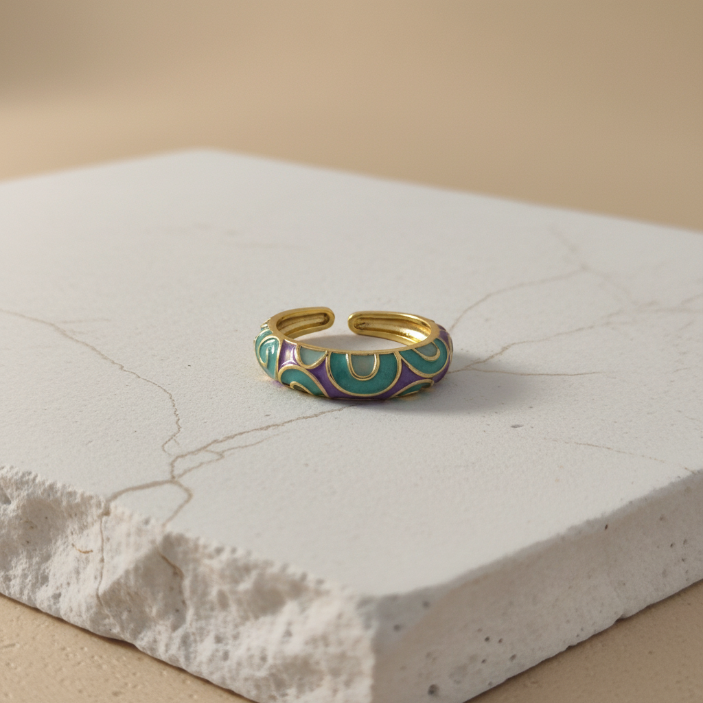 Teal & Lavender Enamel Gold Adjustable Ring LR10216