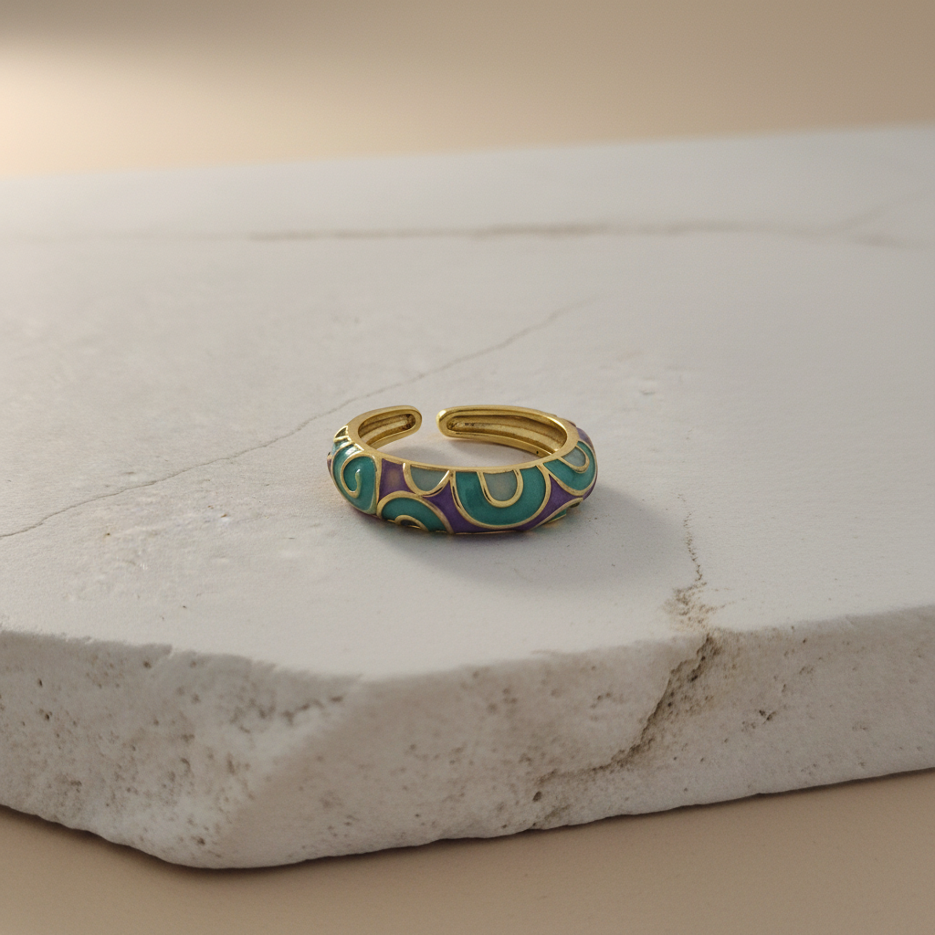 Teal & Lavender Enamel Gold Adjustable Ring LR10216