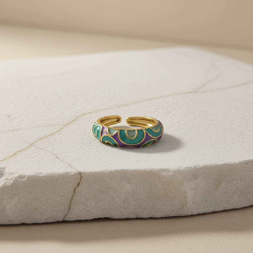 Teal & Lavender Enamel Gold Adjustable Ring LR10216