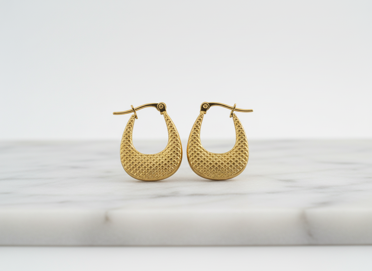 Textured Gold Drop Hoop Earrings – Modern Matte Finish Statement Hoops LE10311