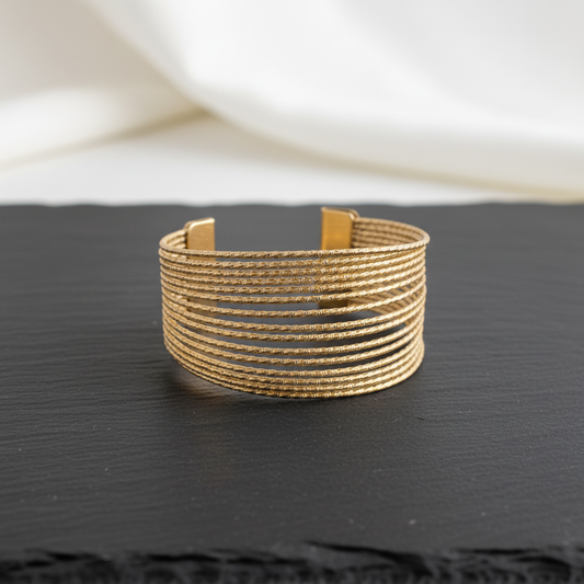 Textured Gold Wire Cuff Bracelet – Modern Multi-Strand Open Bangle LB10197