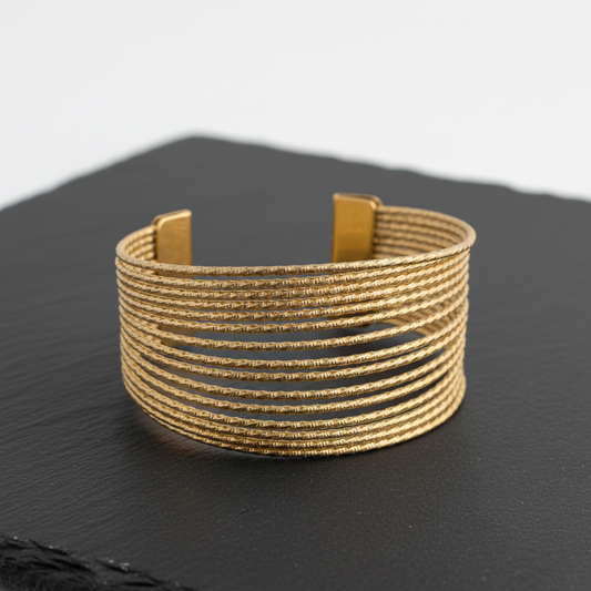 Textured Gold Wire Cuff Bracelet – Modern Multi-Strand Open Bangle LB10197