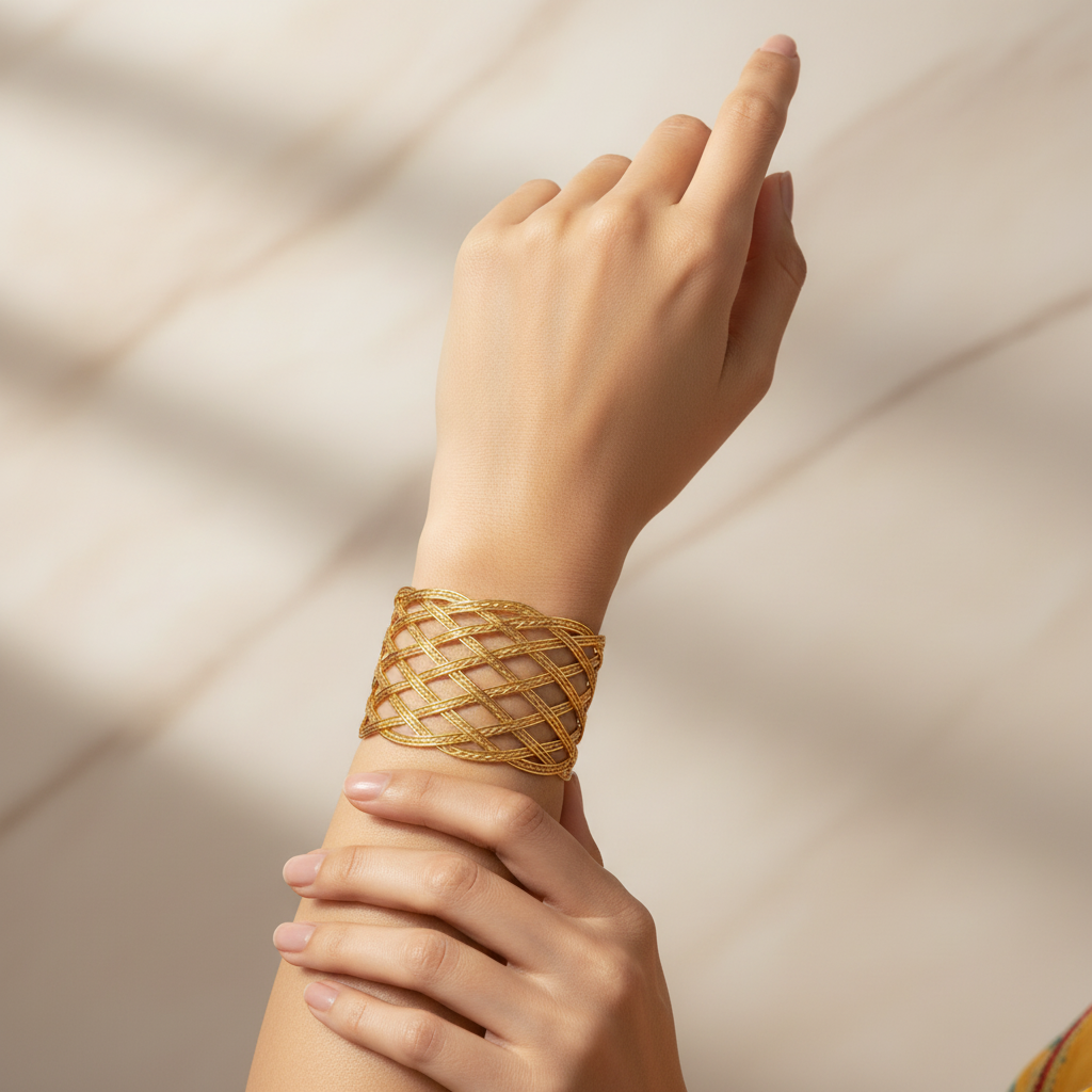 Textured Gold Woven Cuff Bracelet – Intricate Lattice Design for Statement Elegance LB10186