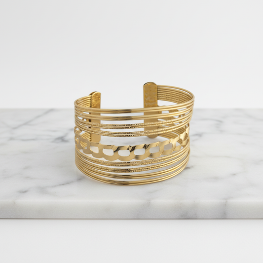 Textured Multi-Layer Gold Cuff Bracelet – Contemporary Open Bangle LB10194