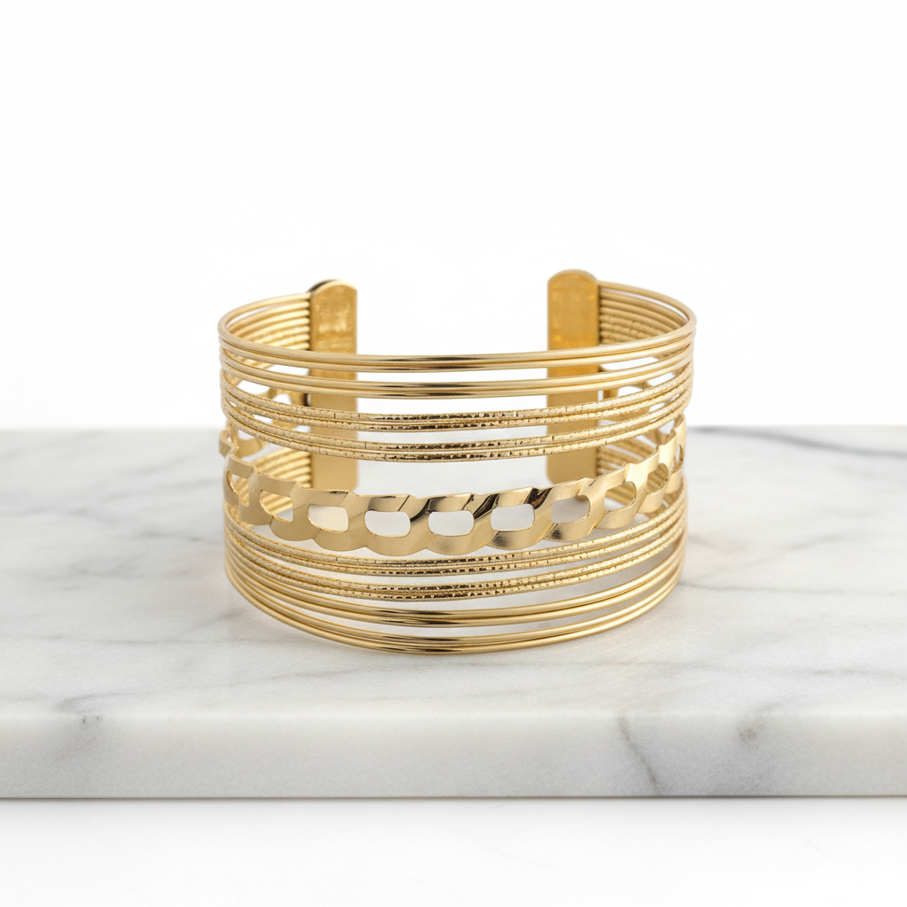 Textured Multi-Layer Gold Cuff Bracelet – Contemporary Open Bangle LB10194