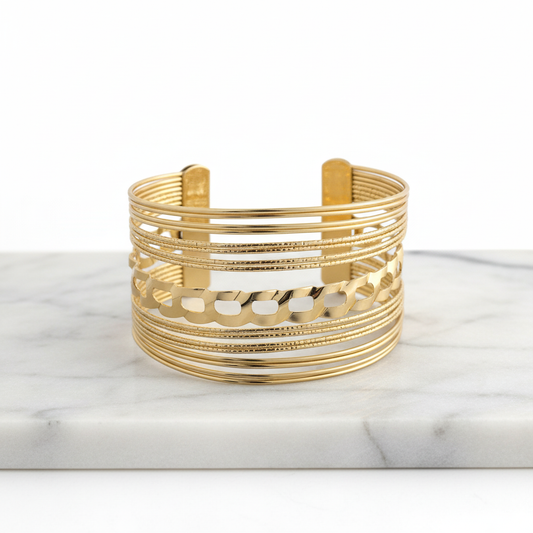 Textured Multi-Layer Gold Cuff Bracelet – Contemporary Open Bangle LB10194