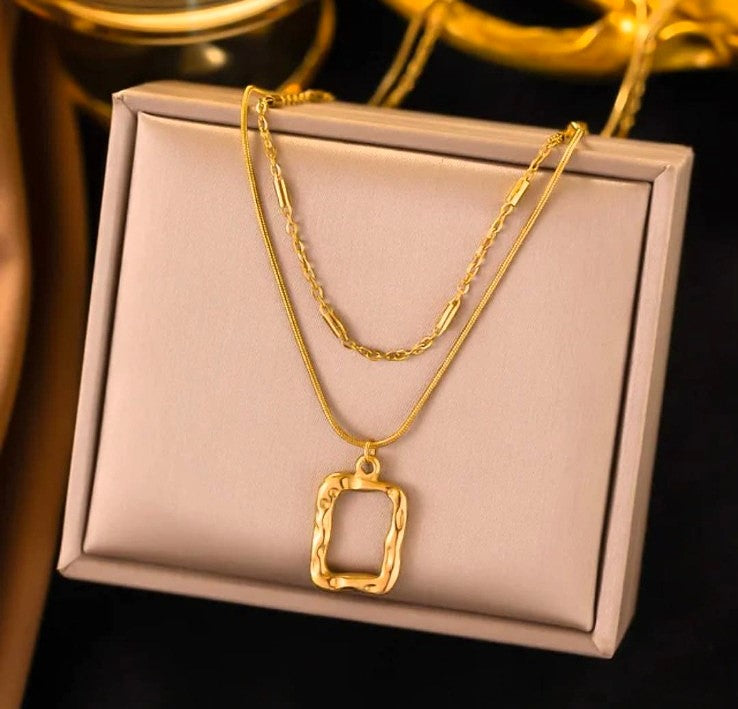 Textured Rectangle Pendant Necklace – Minimalist Double Layer Gold Chain Jewelry LN10319