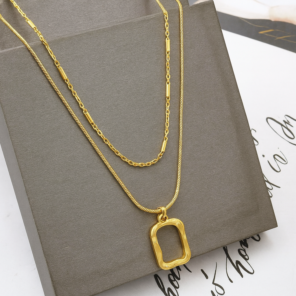 Textured Rectangle Pendant Necklace – Minimalist Double Layer Gold Chain Jewelry LN10319