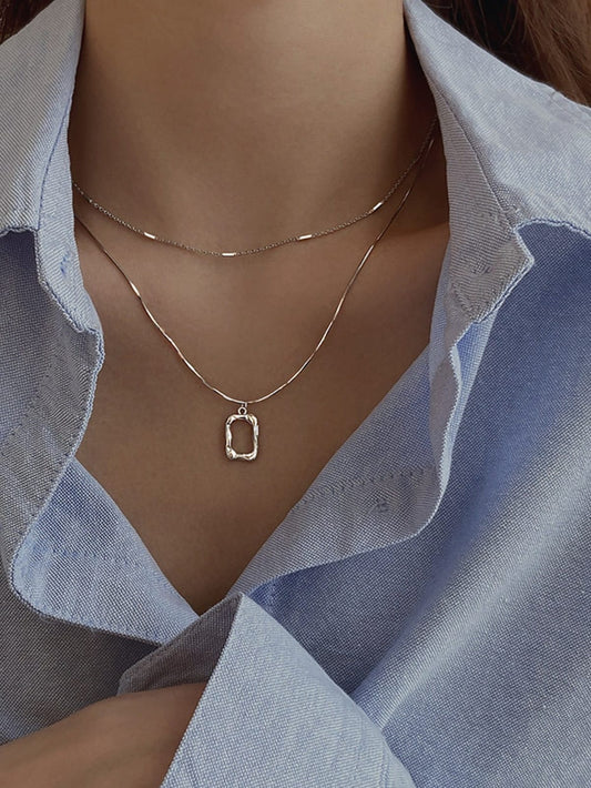 Textured Rectangle Pendant Necklace – Minimalist Double Layer Gold Chain Jewelry LN10319