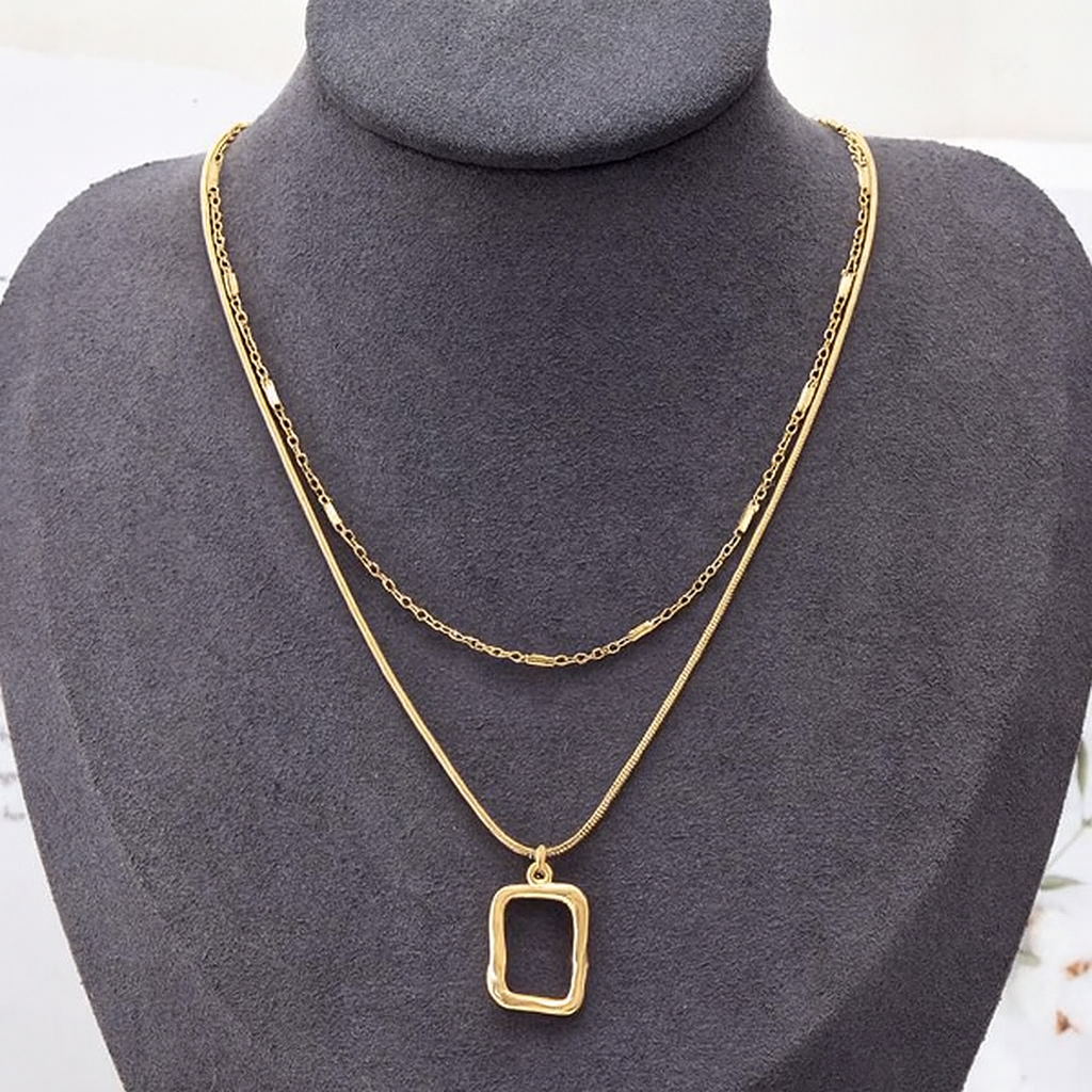 Textured Rectangle Pendant Necklace – Minimalist Double Layer Gold Chain Jewelry LN10319