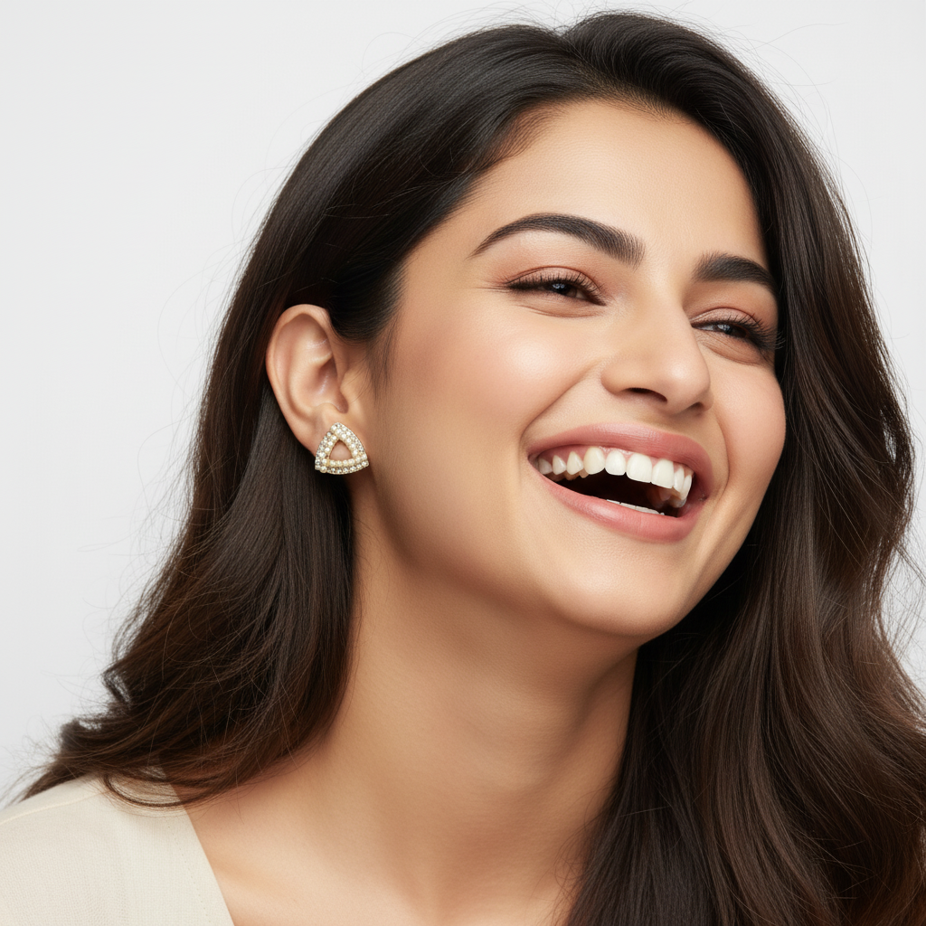 Triangle Pearl and Crystal Stud Earrings – Elegant Geometric Gold Statement LE10313