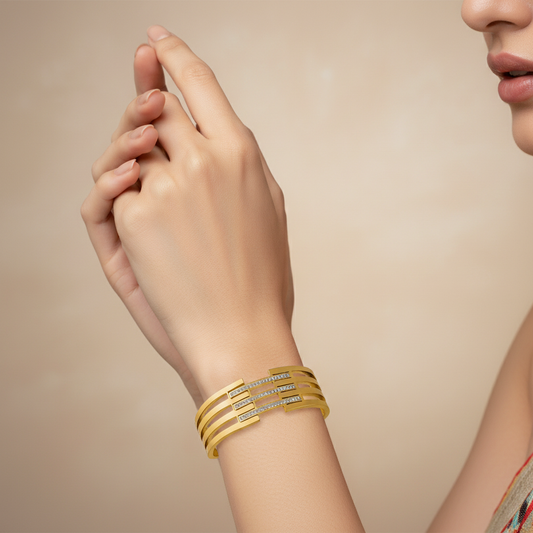 Triple Bar Gold Cuff Bracelet with Crystal Accents – Modern Geometric Elegance LB10188
