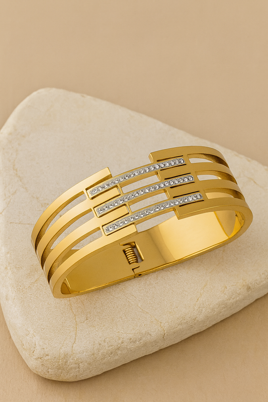 Triple Bar Gold Cuff Bracelet with Crystal Accents – Modern Geometric Elegance LB10188