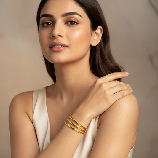 Triple Row Gold Cuff Bracelet – Sleek Minimalist Open Bangle for Modern Elegance LB10189