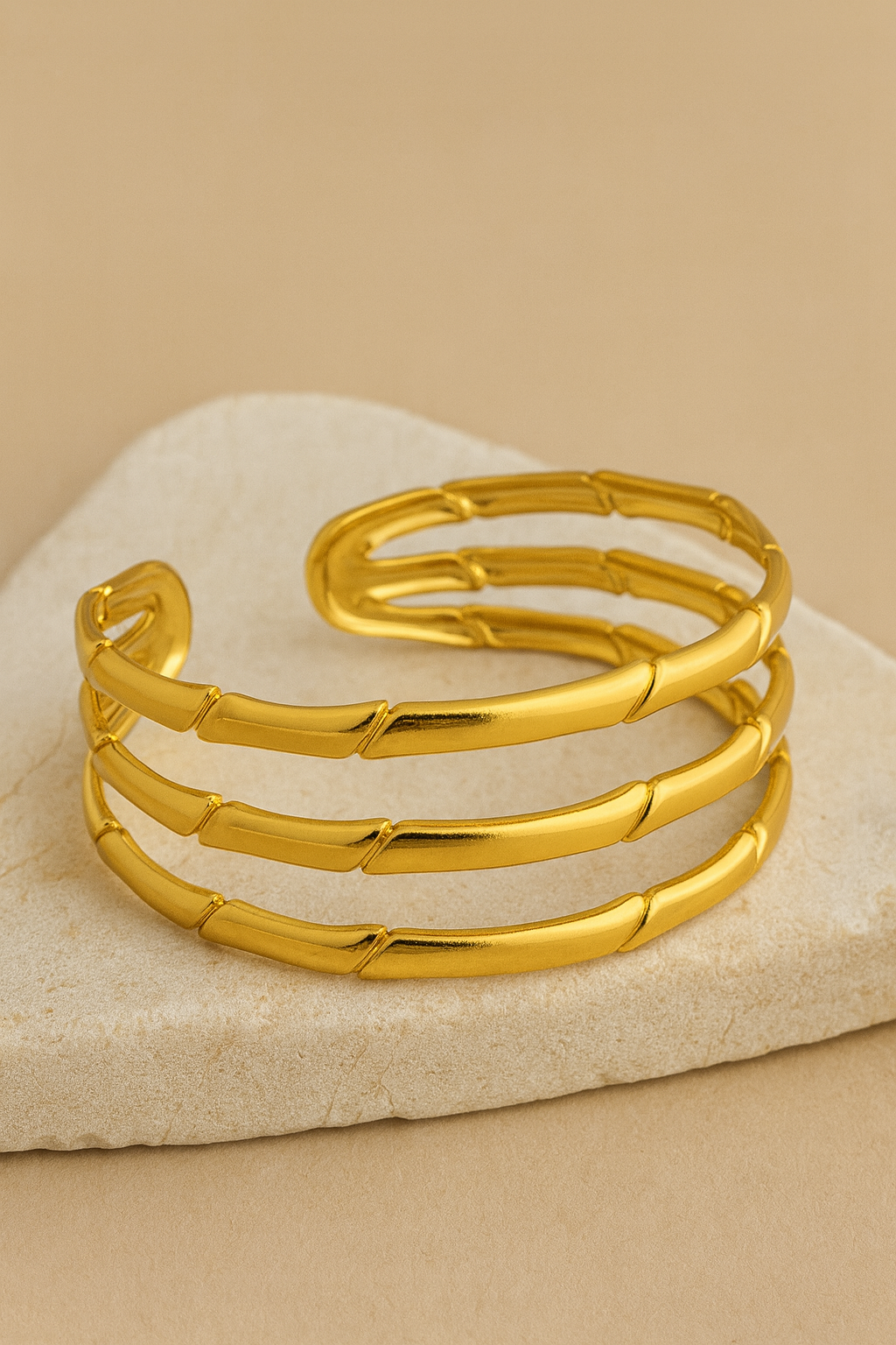 Triple Row Gold Cuff Bracelet – Sleek Minimalist Open Bangle for Modern Elegance LB10189