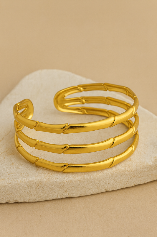 Triple Row Gold Cuff Bracelet – Sleek Minimalist Open Bangle for Modern Elegance LB10189