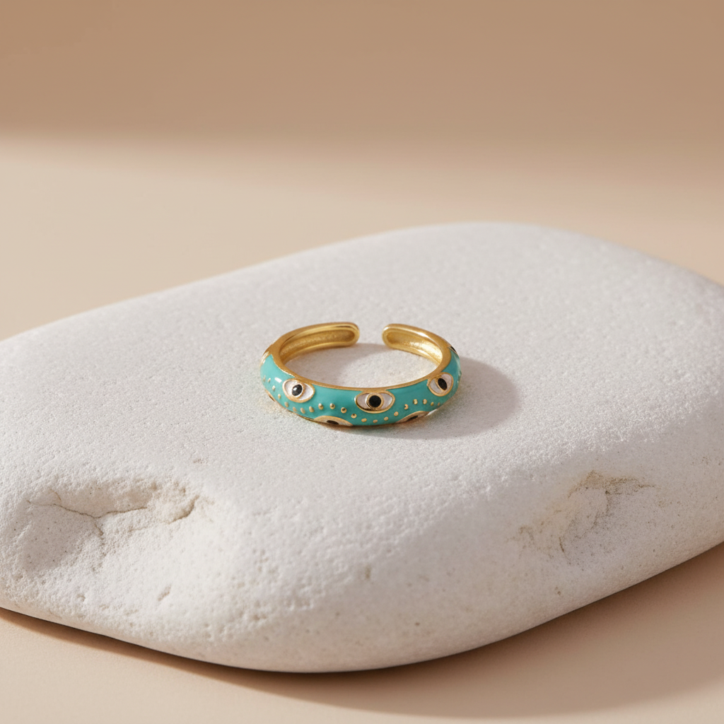 Turquoise Enamel & Gold Adjustable Evil Eye Ring LR10217