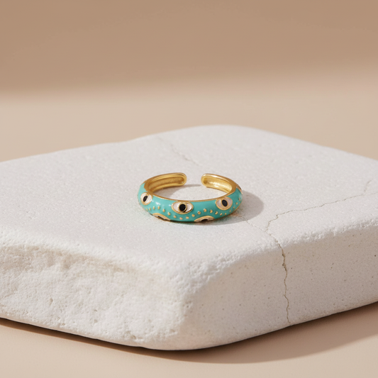 Turquoise Enamel & Gold Adjustable Evil Eye Ring LR10217