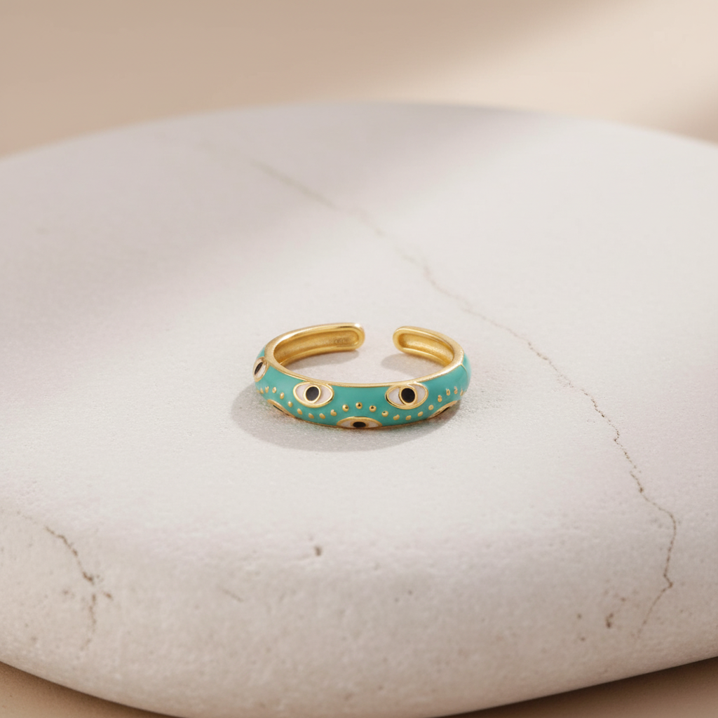 Turquoise Enamel & Gold Adjustable Evil Eye Ring LR10217