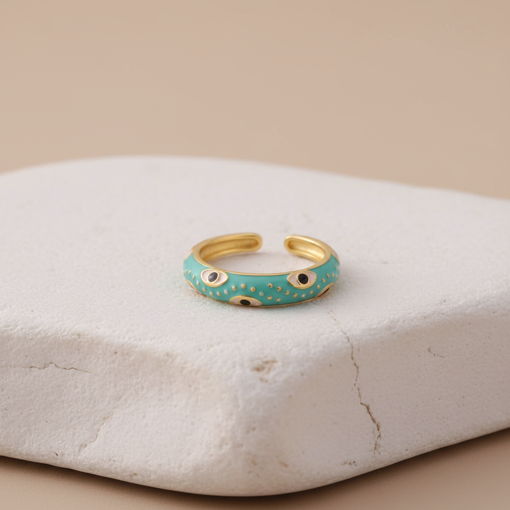 Turquoise Enamel & Gold Adjustable Evil Eye Ring LR10217