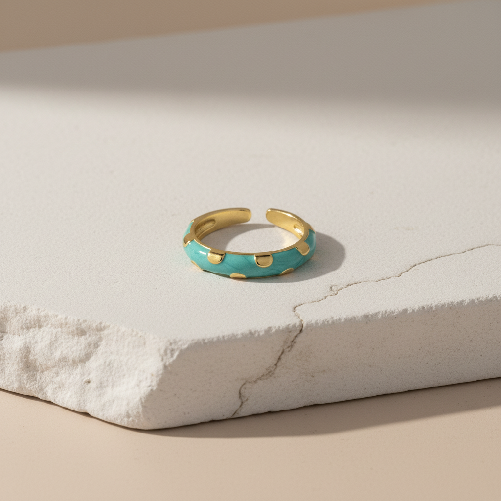 Turquoise Enamel & Gold Adjustable Ring with Heart Accents LR10204