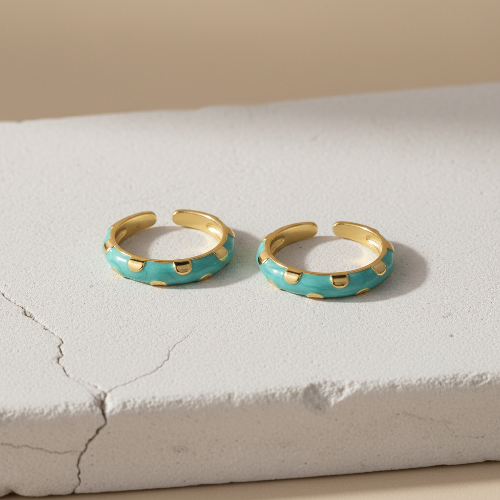 Turquoise Enamel & Gold Adjustable Ring with Heart Accents LR10204