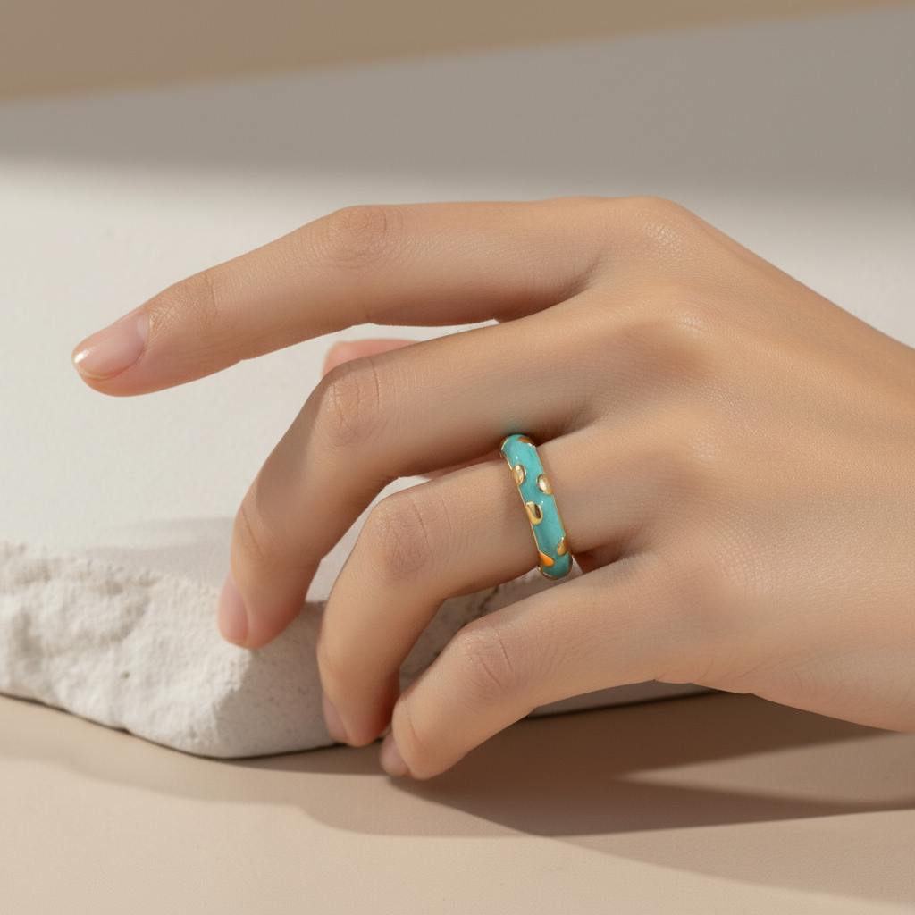 Turquoise Enamel & Gold Adjustable Ring with Heart Accents LR10204