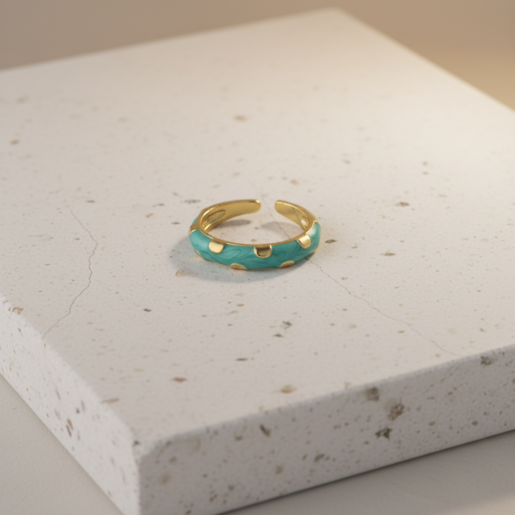 Turquoise Enamel & Gold Adjustable Ring with Heart Accents LR10204