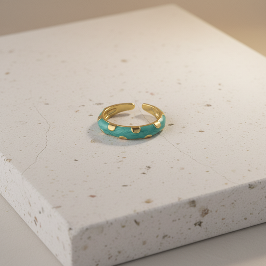Turquoise Enamel & Gold Adjustable Ring with Heart Accents LR10204