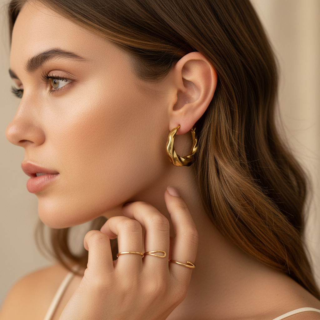 Wavy Textured Gold Hoop Earrings – Modern Sculptural Design LE10319