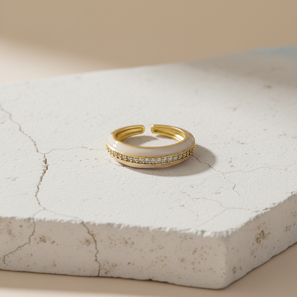 White Enamel & Gold Adjustable Ring with Diamond Band LR10202