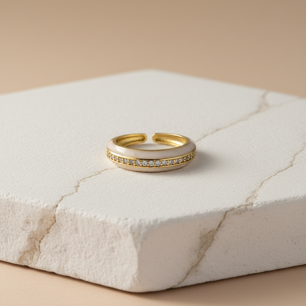 White Enamel & Gold Adjustable Ring with Diamond Band LR10202