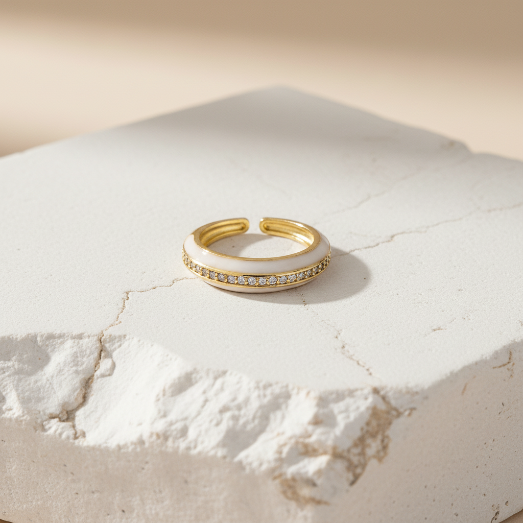 White Enamel & Gold Adjustable Ring with Diamond Band LR10202