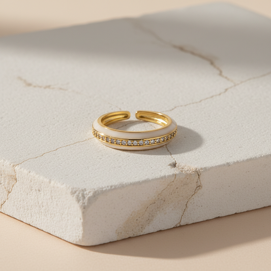 White Enamel & Gold Adjustable Ring with Diamond Band LR10202