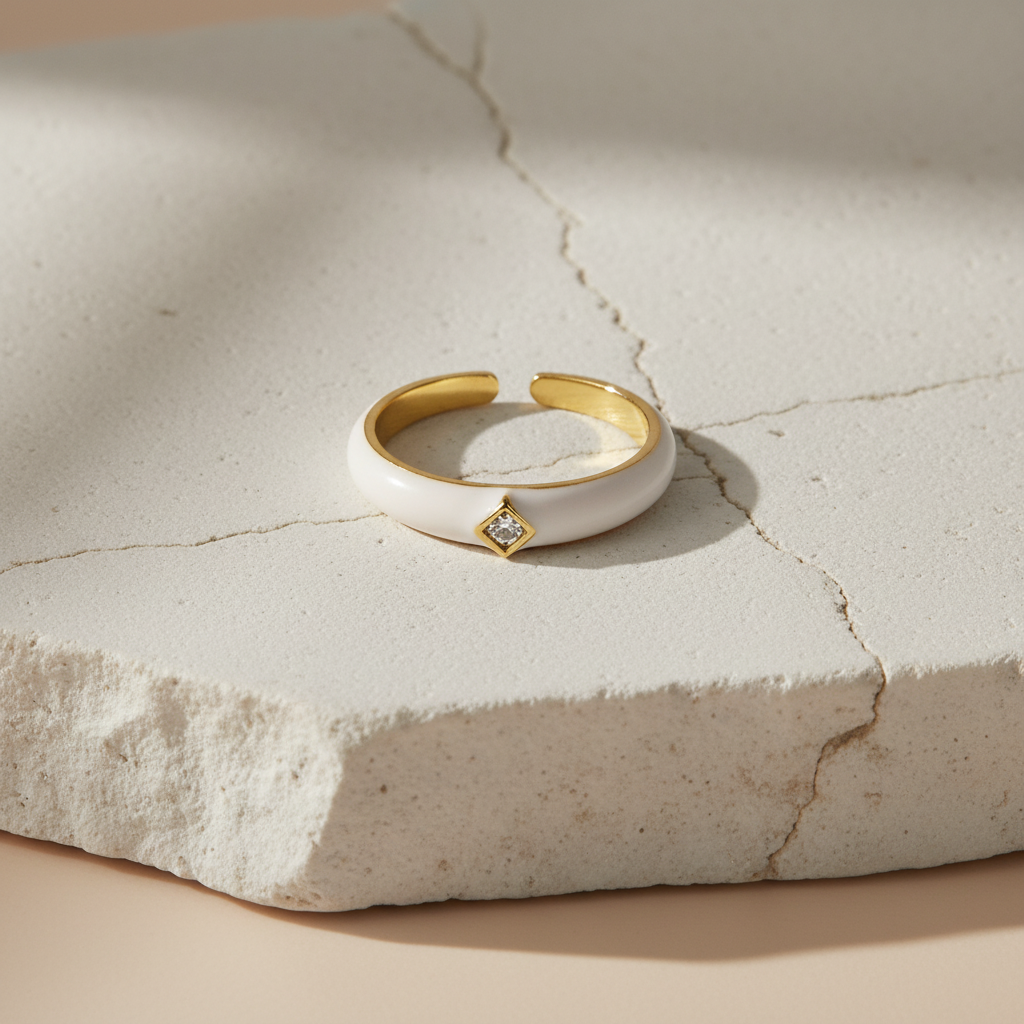 White Enamel & Gold Adjustable Ring with Diamond Detail LR10197